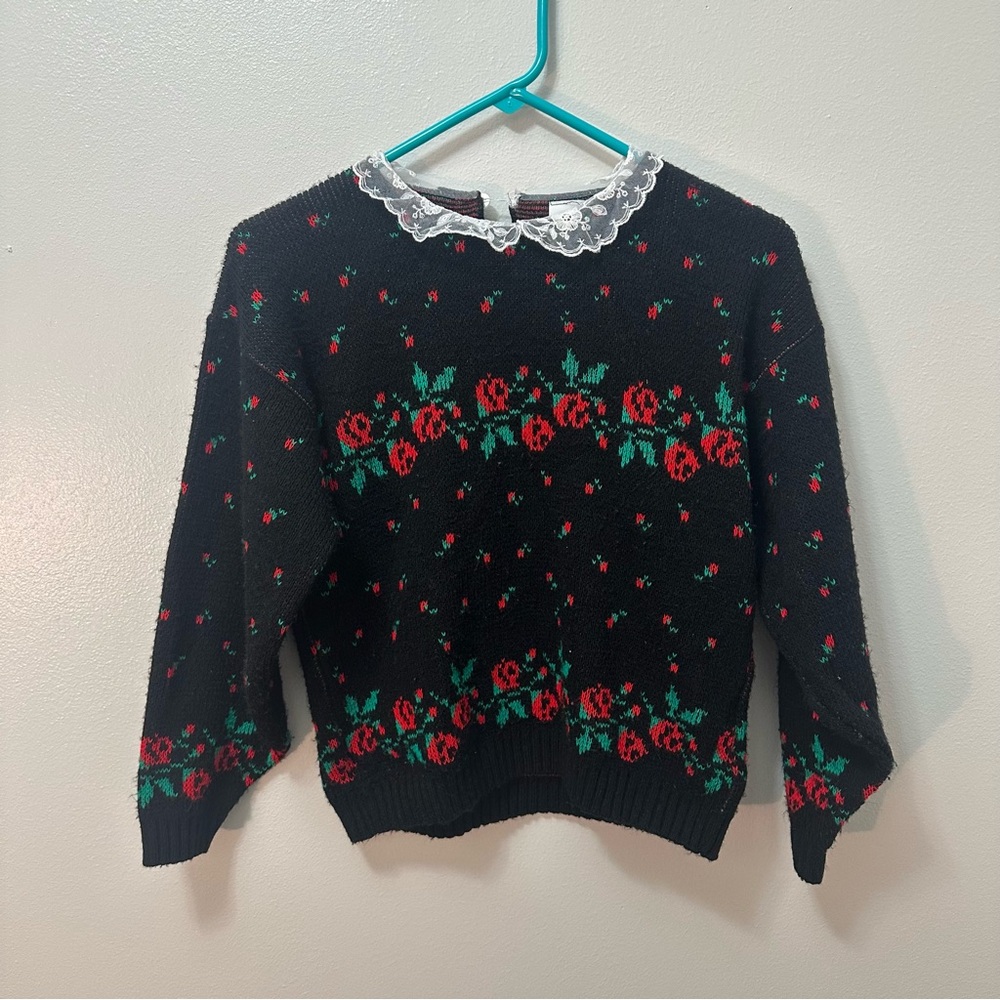 Red and Black Floral Knit Sweater